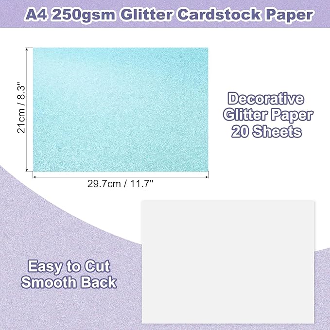 PATIKIL 20Sheets Lake Blue Glitter Cardstock, 8.3x11.7 in A4 Glitter Paper Card Stock Shiny Scrapbook 250gsm Sparkly Paper Large Shimmer for Crafts Scrapbook DIY Art Wedding Party