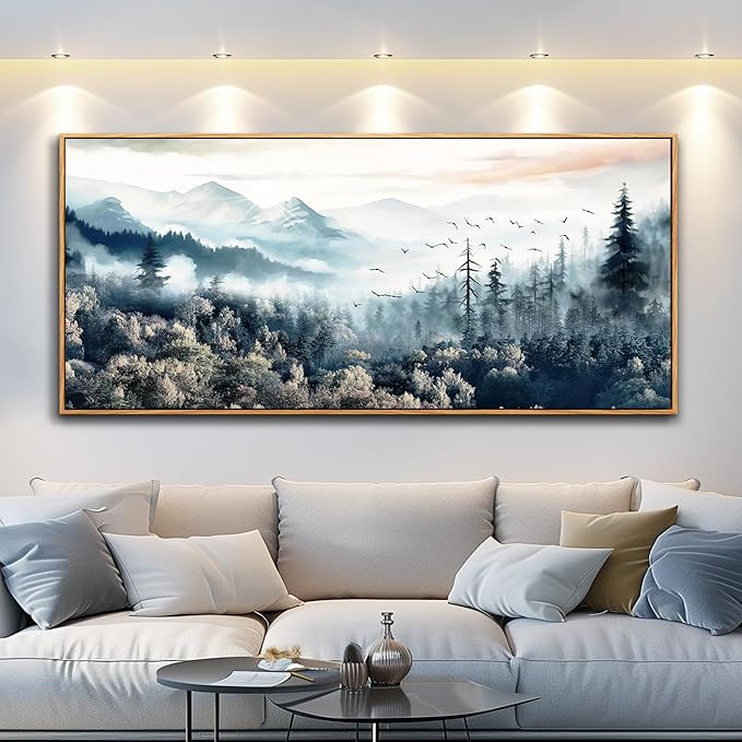 hyidecorart Framed Large Canvas Wall Art, Wall Decor For Living Room Modern Bedroom Home Decoration Forest Landscape Wall Paintings Mountain Pictures Office Stretched Nature Scenery Abstract Artwork