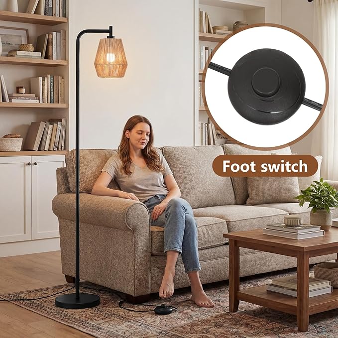 Rattan Floor Lamps for Living Room,Boho Floor Lamp with 3 Color Temperatures,Farmhouse Standing lamp with Hand-Worked Wicker shade,Black tall light for Bedroom,Office,Corner(9W LED Bulb Included)