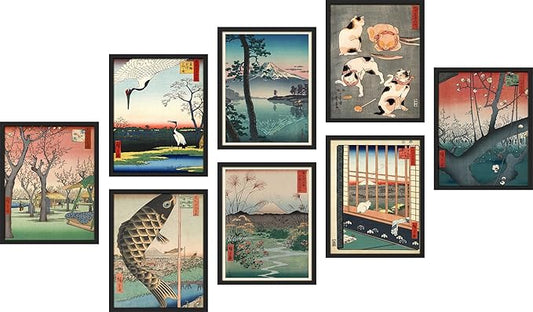SIGNWIN Framed Poster Wall Art Set of Koinobori The Carp Fish, Plum Park Landscape with 2 Cranes from One Hundred, Plum Blossom in Garden for Living Room, Bedroom, Office - 12"x16"x 8 Black