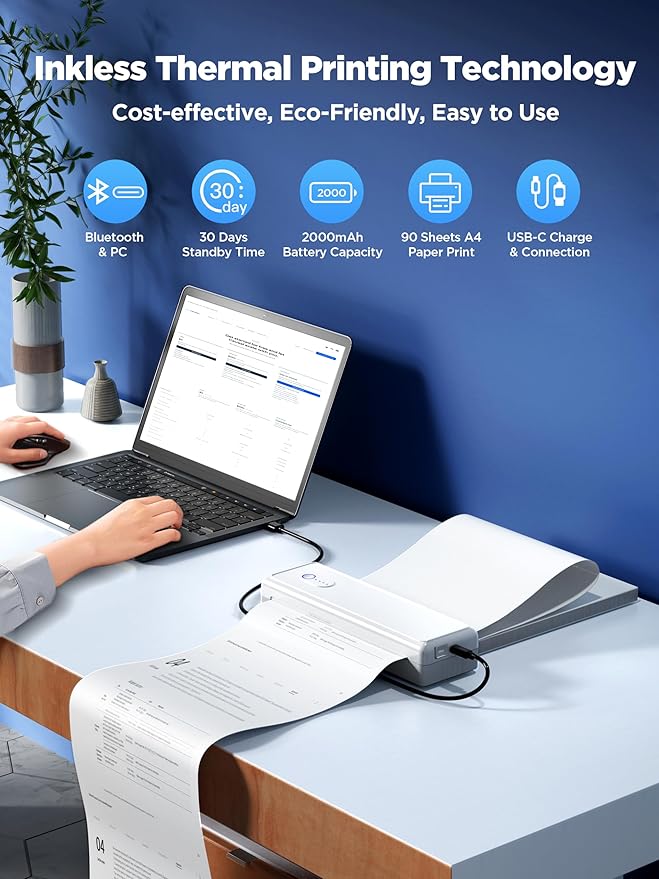 Portable Printers Wireless for Travel - A4 Thermal Printer Bluetooth Compatible with IOS Android Laptop - Support 8.5 X 11 US Letter A4 Paper 2” 3” 4” - Inkless Printers for Home Use Office Car