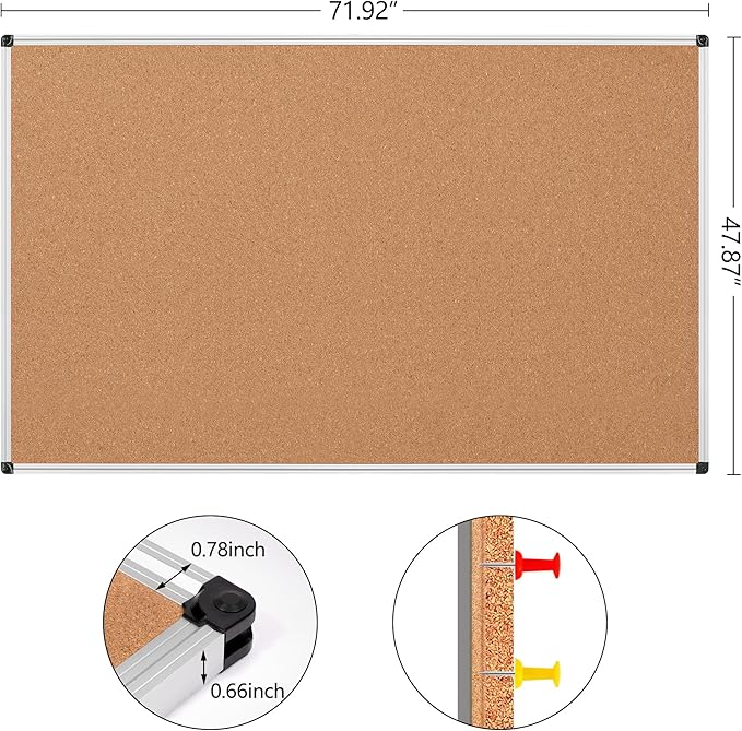 Board2by Large Cork Bulletin Board 72" X 48", Silver Aluminum Framed Corkboard for Wall, Wall Mounted Notice Pin Board with Push Pins for School, Home & Office - 6' x 4' Corkboard