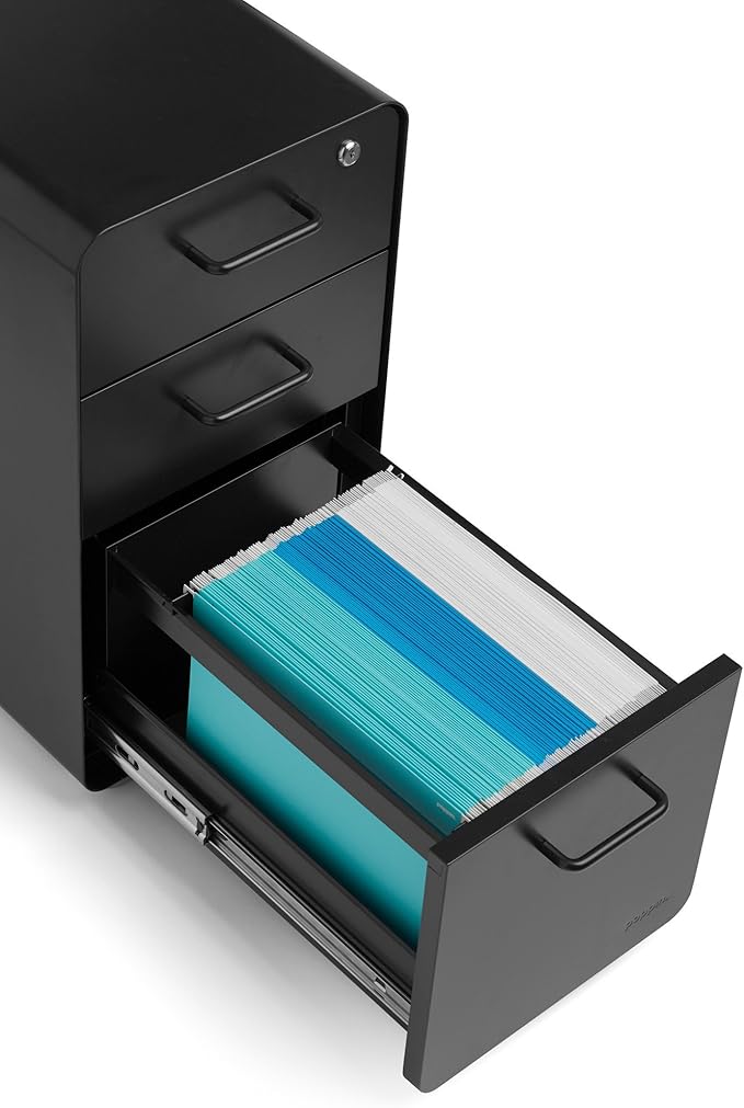 Poppin Black Slim Stow 3-Drawer Rolling File Cabinet, One Lock Secures All Drawers, Durable Powder-Coated Steel Construction, Stay Organized and Keep Documents Safe, 12.5" x 20" x 25"