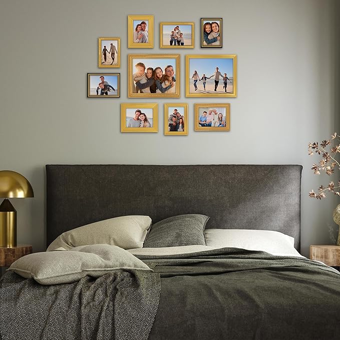 Americanflat Set of 10 Vintage Gold Frames with Polished Clear Glass - Gallery Wall Frame Set with Two 8x10, Four 5x7, and Four 4x6 Antique Frames for Tabletop or Wall Display