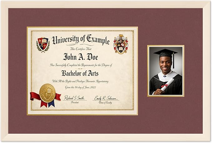 CountryArtHouse Fits 15 x 12 Military/Government and 5 x 7 Photo Diploma and Photo Frame Coastal Whitewash Genuine Hardwood with Dark Red Over Metallic Gold Double mat