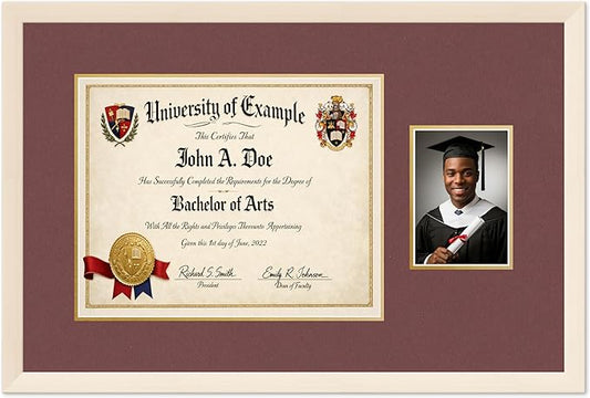 CountryArtHouse Fits 15 x 12 Military/Government and 5 x 7 Photo Diploma and Photo Frame Coastal Whitewash Genuine Hardwood with Dark Red Over Metallic Gold Double mat