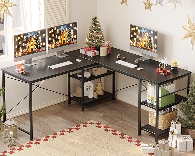 Bestier 95.2” L Shaped Desk, Reversible Corner Computer Desk or 2 Person Long Table with Adjustable Shelves, Large Writing Study Workstation with 3 Cable Holes - Black