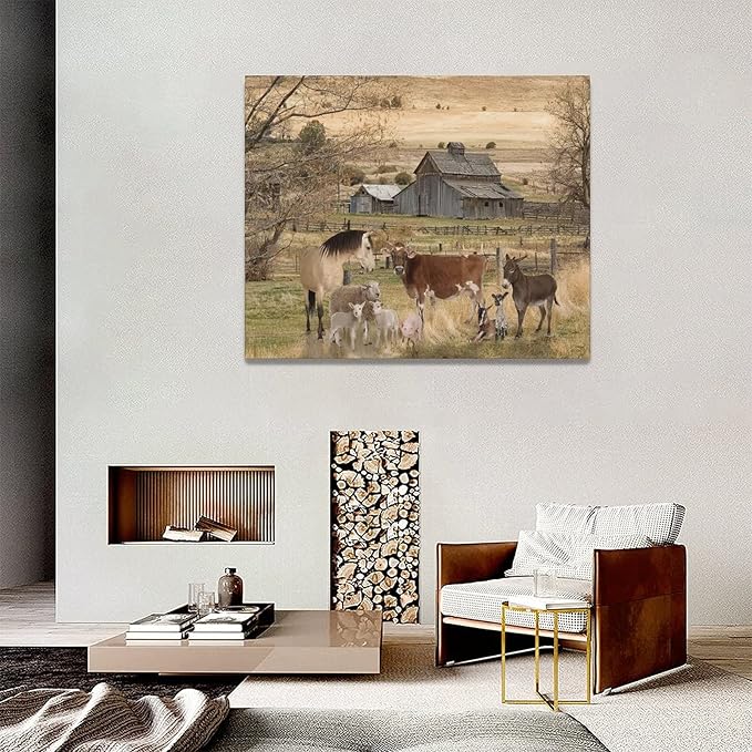 yerretin Farm Animal Wall Art Country Old Barn Pictures Wall Decor Rustic Canvas Print Farmhouse Landscape Painting Modern Home Artwork for Living Room Bedroom Bathroom Office Framed, 20"x16"