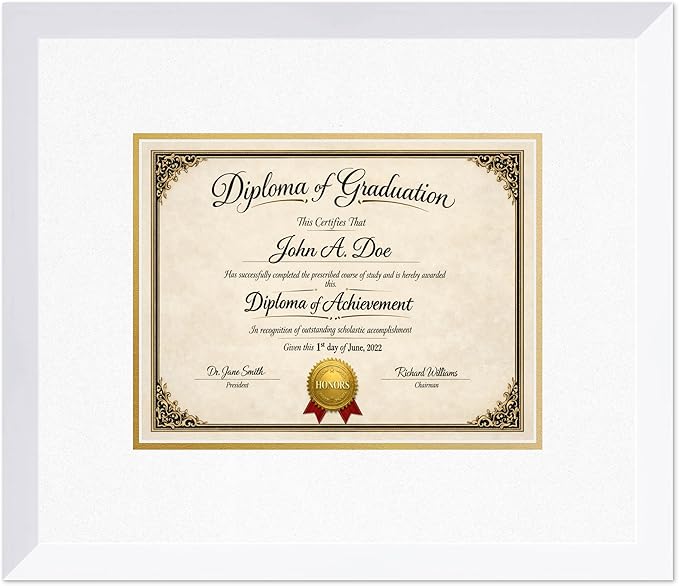 Diploma Frame Bright White with Oyster Shell Over Gold Double Mat - Fits 11 x 8.5 US Letter Certificate Wall Display Made in the USA
