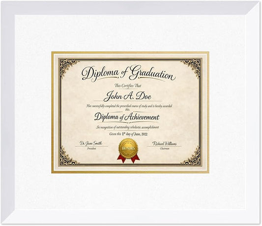 Diploma Frame Bright White with Oyster Shell Over Gold Double Mat - Fits 11 x 8.5 US Letter Certificate Wall Display Made in the USA