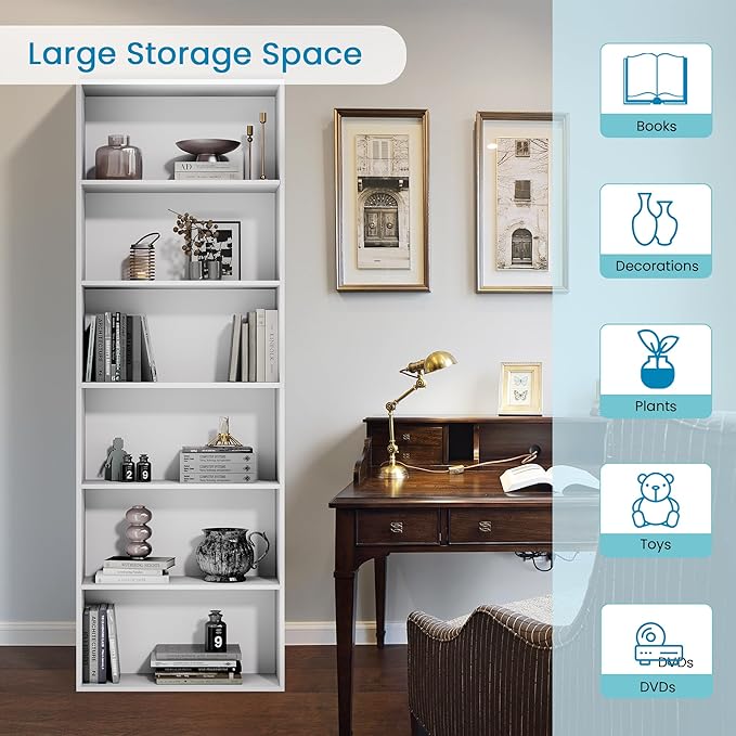 71" Tall 6-Tier Bookshelf, Large Open Display Bookcase with Ample Storage, Floor Standing Book Shelf for Living Room, Home Office, Bed Room, White