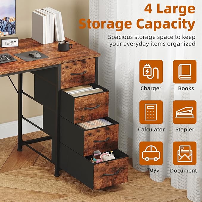 Somdot Small Computer Desk with 4 Drawers for Bedroom,39 Inch Simple Home Office Writing Desk, Study Table with Storage,Work for Home Office, Study,Living Room and Small Spaces,Wood Grain Print