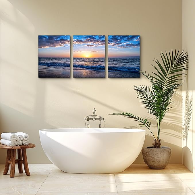 hyidecorart Set of 3 Wall Art Canvas Prints, Beach Sunrise Sunset Pictures Wall Decor Ocean Waves Nature Seascape Poster Coastal Landscape Painting for Living Room, Bedroom, Office Home Decor