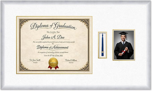 Diploma Tassel and Photo Frame Stainless Silver Shadowbox Oyster Shell Over Gold Mat - Fits 17 x 13 Degree Picture Made in the USA
