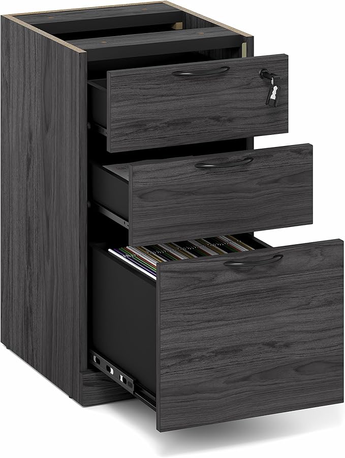 Furinno Roger File Cabinet, 3-Drawer Fixed Pedestal Filing Cabinet with Lock, Soft-Close Drawers with Drawer Organizer, for Home Office, Coastal Grey