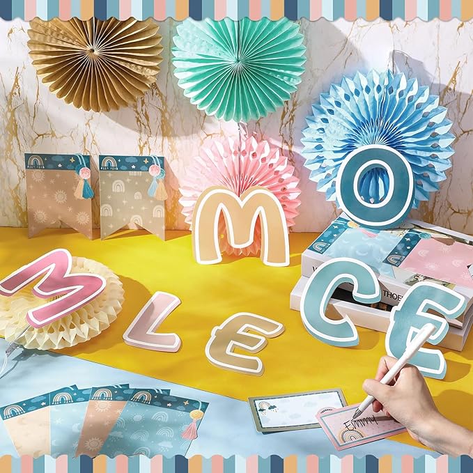 Qilery Welcome Bulletin Board Sets Welcome Back Classroom Decorations Bulletin Board Nameplate Cutout Paper Fans Banner for Back to School Chalkboard Wall Decor(Macaron)