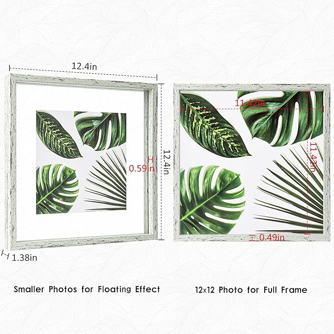 MUYE 12x12 Floating Frame Distressed Sage Green Wood Pattern Double Glass Square Picture Frame Set of 2 Display Any Size Photo up to 12x12,Wall Mount or Tabletop