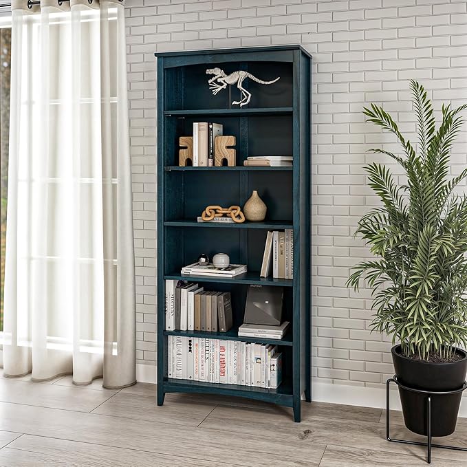 Camaflexi Shaker Style 6 Shelf Bookcase/Solid Wood / 72" High/Adjustable Shelving/Closed Back/Display Bookshelf for Living Room, Bedroom, Home and Office, Deep Ocean Blue