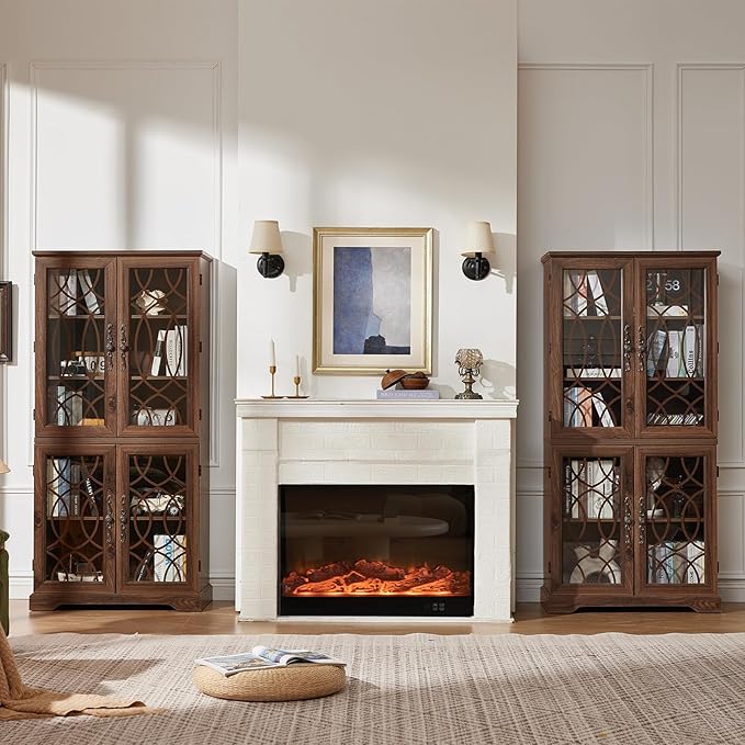 67" Tall Bookshelf, Vintage Book Shelf with Glass Doors, 5-Tier Wood Bookcase w/Adjustable Storage Shelves, Freestanding Rustic Curio Display Cabinet for Living Room, Office, Brown, 2PCS