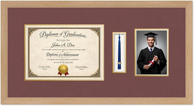 Diploma Tassel and Photo Frame Natural Wood Shadowbox Dark Red Over Gold Mat - Fits 11.69 x 8.27 Degree Picture Made in the USA