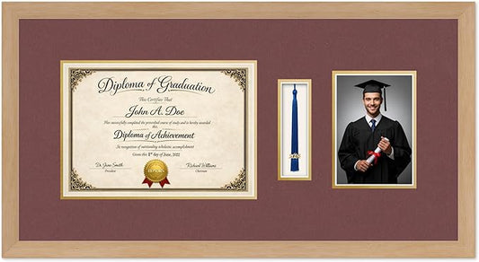 Diploma Tassel and Photo Frame Natural Wood Shadowbox Dark Red Over Gold Mat - Fits 11.69 x 8.27 Degree Picture Made in the USA
