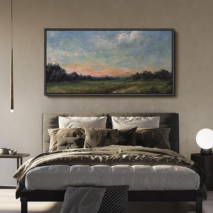 SIGNFORD Extra Large Framed Canvas Quiet Green Field at Dusk Illustrations Modern Art Calm Warm for Living Room, Bedroom, Office - 60"x30"