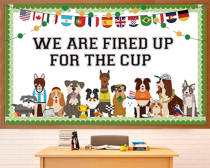 World Soccer Pet Dog Bulletin Board Set Puppy Classroom Decoration World Soccer Cup Cute Dog Bulletin Board Team Spirit Sport Cutouts for School Home Classroom Nursery Chalkboard Wall Decor