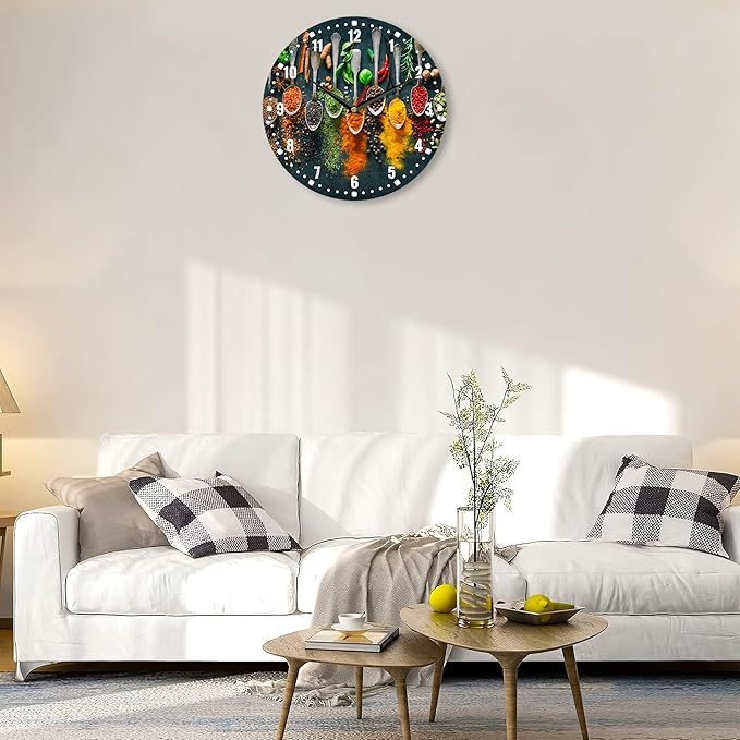 SPUNKER Clocks for Living Room,Colourful Herbs Spices 10 Inch Wall Clock,Spoons Small Battery Operated Wall Clocks Decorative for Kitchen/Living Room/Bedroom/Bathroom/Dining Room