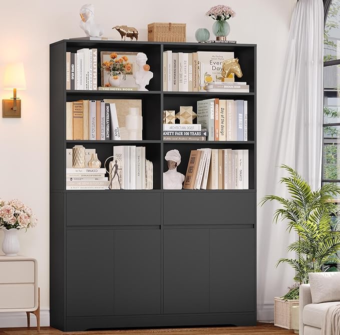 FINETONES 69" Black Bookshelf with Doors, 47.2" Double Wide Bookshelves and Bookcases with Storage, Tall Bookshelf Large Open Book Shelf Standing Book Case for Home Office, Black