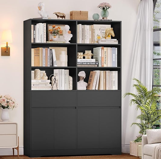FINETONES 69" Black Bookshelf with Doors, 47.2" Double Wide Bookshelves and Bookcases with Storage, Tall Bookshelf Large Open Book Shelf Standing Book Case for Home Office, Black