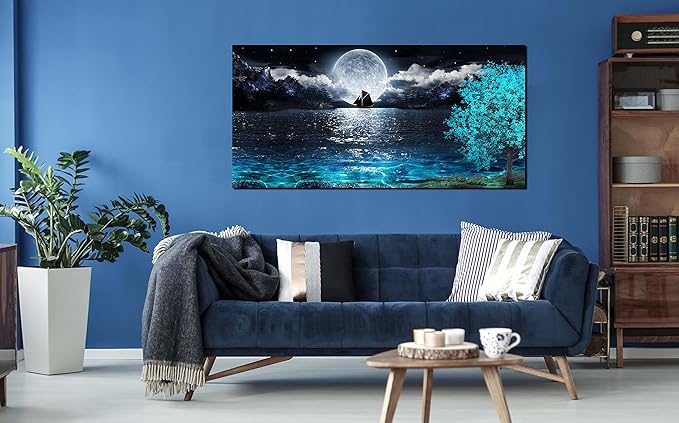 aburaeart Moon Sea Ocean Large Canvas Wall-Art For Living Room - Blue Tree Wall Decor - Large Artwork On Canvas Print Ready To Hang 29" x 59"