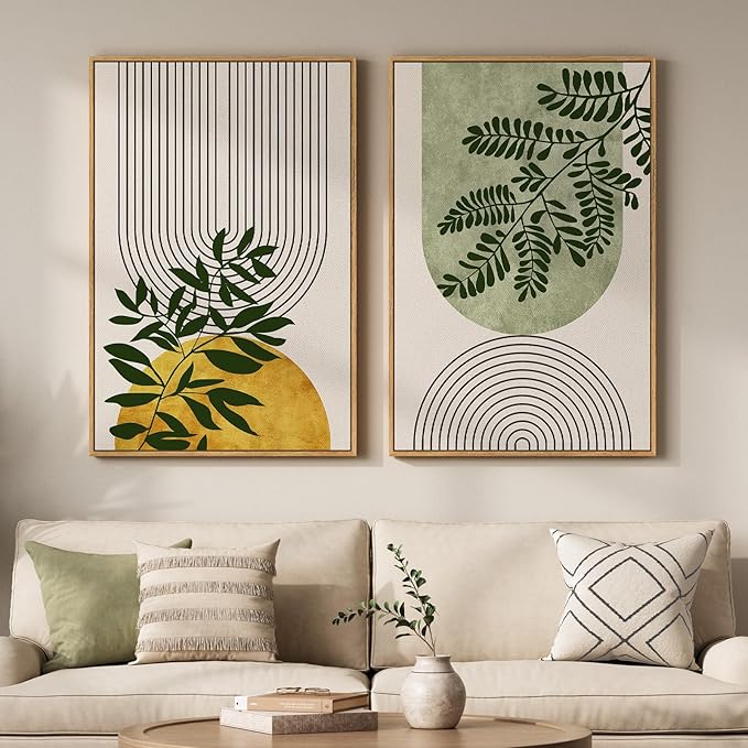 Large Framed Green Boho Wall Art Set of 2 for Living Room, Mid Century Modern Bohemian Botanical Geometric Artwork for Walls, Neutral Canvas Painting Print Wall Decor for Bedroom Home Office, 24x36 In
