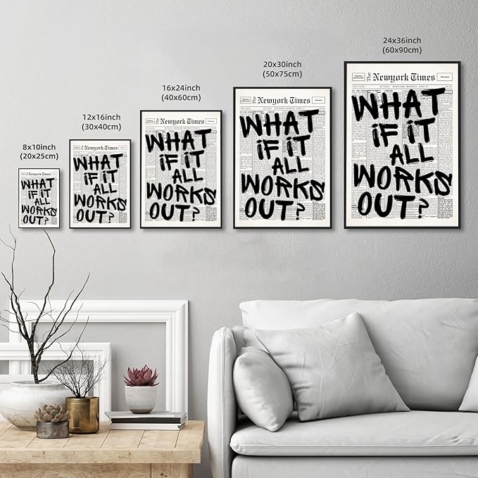 What If It All Works Out Wall Art Retro Black and White Newspaper Motivational Poster Positive Affirming Quote Minimalist Canvas Print for Bedroom Living Room Home Decor 24x36inch Aluminum Framed