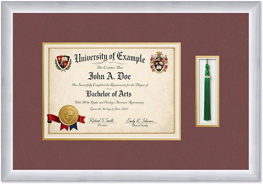 CountryArtHouse Diploma and Tassel Frame Fits 11.69 x 8.27 A4 Certificate with Tassel Stainless Silver Genuine Hardwood Shadowbox with Dark Red Over Metallic Gold Double mat