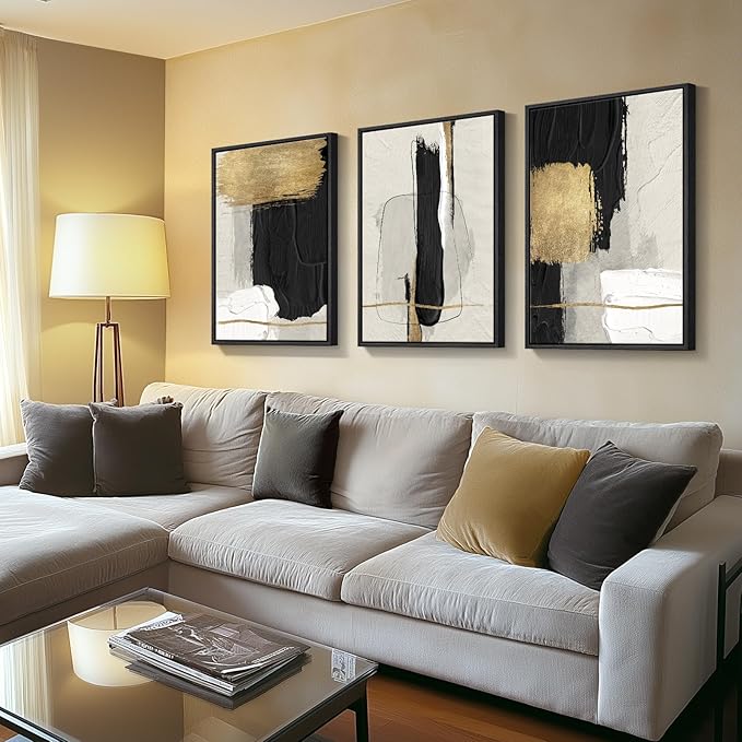 Large Framed Black and White Abstract Wall Art for Living Room, 3 Piece Big Canvas Prints Paintings Artwork for Walls, Modern Minimalist Black Gold Pictures for Hallway Office Wall Decor 24x36 Inch