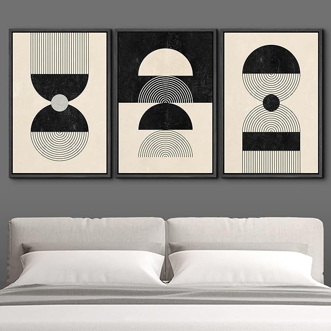 IDEA4WALL Framed Canvas Print Wall Art Set Geometric Black Tan Striped Circle Polygon Collage Abstract Shapes Illustrations Modern Art Nordic for Living Room, Bedroom, Office - 16"x24"x3 Black