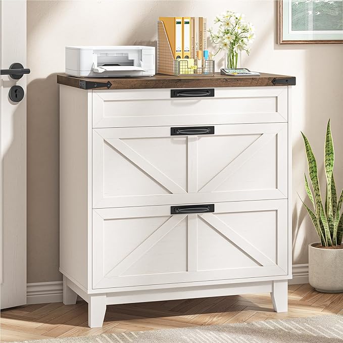 Vabches Lateral File Cabinet with 3 Drawers, Farmhouse File Cabinet for Legal/Letter/A4 Size Hanging Files, Large Wood Printer Stand Home Office, Rustic White
