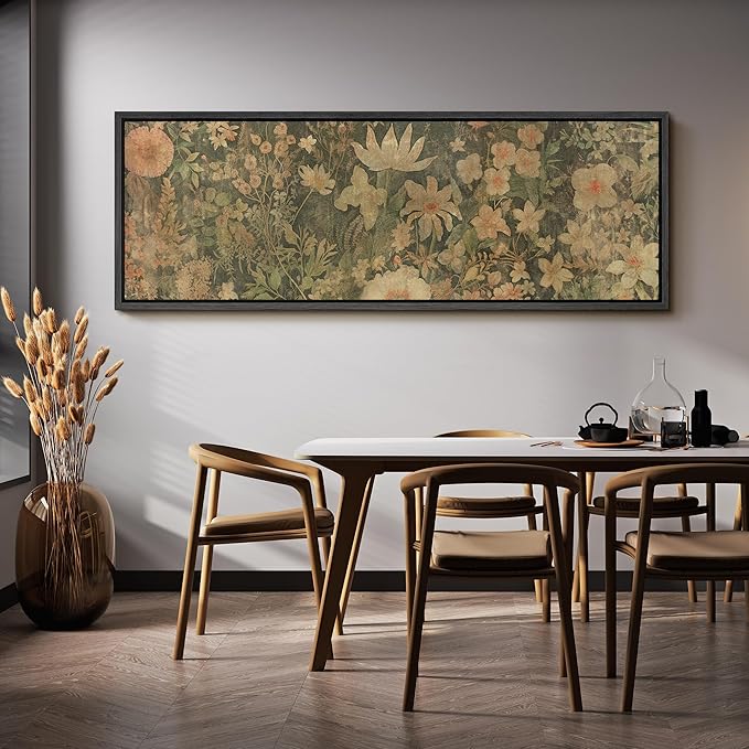 SIGNFORD Large Framed Canvas Botanical Garden in Muted Earth Tones Vintage Floral Illustrations Modern Art Calm Warm for Living Room, Bedroom, Office - 60"x20"
