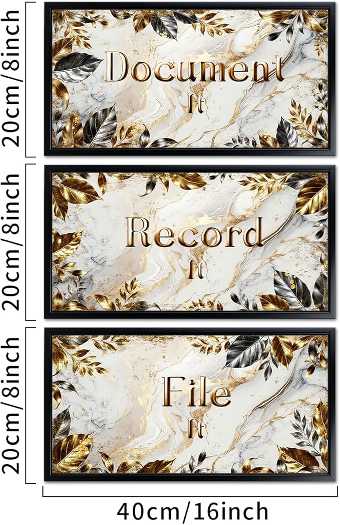 Visual Art Decor Office Decor Sign Canvas Wall Art Gold Grey Leaves Painting Black Frame Sayings Pictures Canvas Print 8"x16"x3Pcs, with Hooks Home Office Decoration for Woman and Man