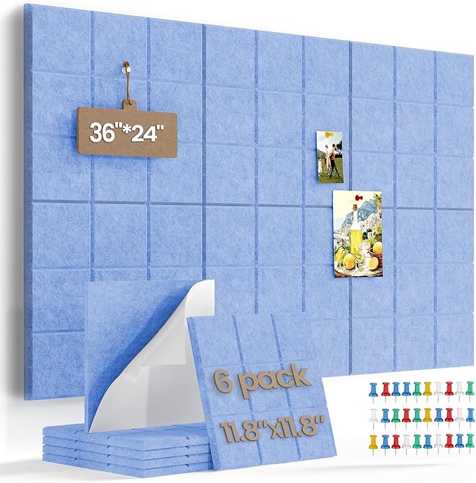 Large Cork Board Felt Board Tiles for Walls with 30 Push Pins, 11.8"x11.8" Pack of 6 Pin Board Notice Boards for Home Office Kitchen, Bulletin Board Wall Tiles for Photos Memos