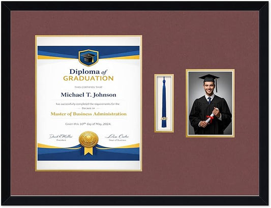 Diploma Tassel and Photo Frame Matte Black Shadowbox Dark Red Over Gold Mat - Fits 11 x 14 Degree Picture Made in the USA