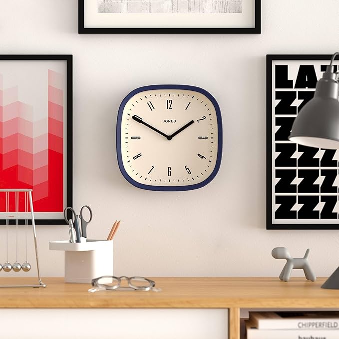 JONES CLOCKS® Marvel Wall Clock | Modern Retro Rounded Square Clock | 10 inch | Indigo Blue | Cool Designer Look for Kitchen, Living Room or Office