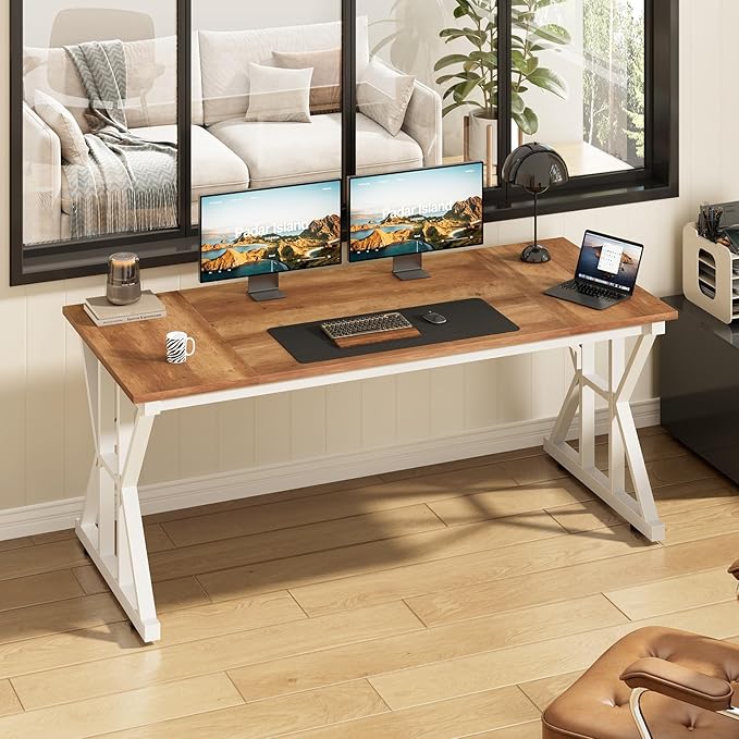 TVU Computer Desk, 55 inch Large Office Desk, Study Writing Table with Thicken Frame, Gaming Desk, Modern Simple Desk for Home Office, Brown