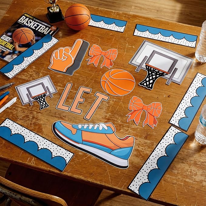 Tenceur 62 Pcs Basketball Bulletin Board Set Classroom Door Decoration Kit with ''let The Madness Begin'' Letters, Basketball Hoop, Scoreboard, and Sports Cutouts, Includes 100 Glue Stickers