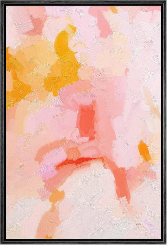 MUDECOR Framed Canvas Print Wall Art Pastel Pink & Orange Color Field Abstract Shapes Watercolor Modern Art Contemporary Multicolor Ultra for Living Room, Bedroom, Office - 16"x24" Black