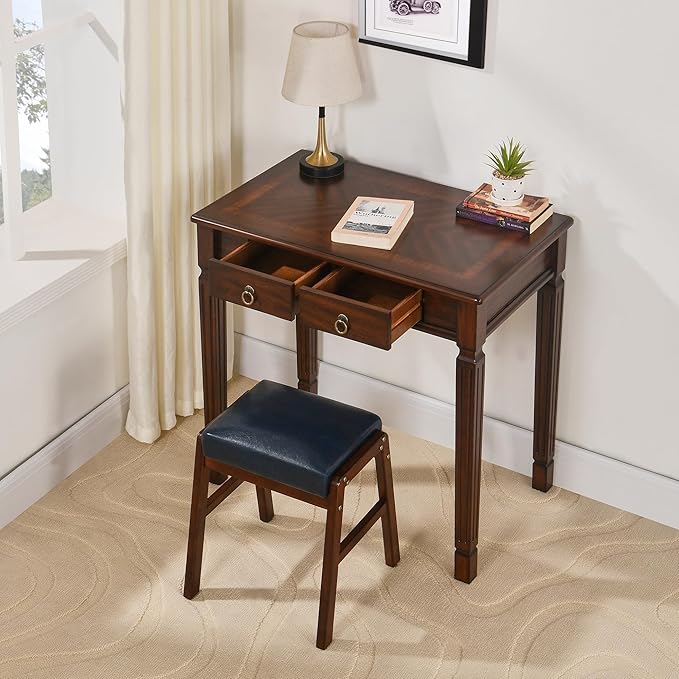 Small Computer Writing Desk with 2 Storage Drawers, 31.5"W Vanity Dressing Desk, French Provincial Corner Desk Table with Carved Legs, Solid Wood Accent Table, Easy Assembly, Dark Cherry SSZ-D1258