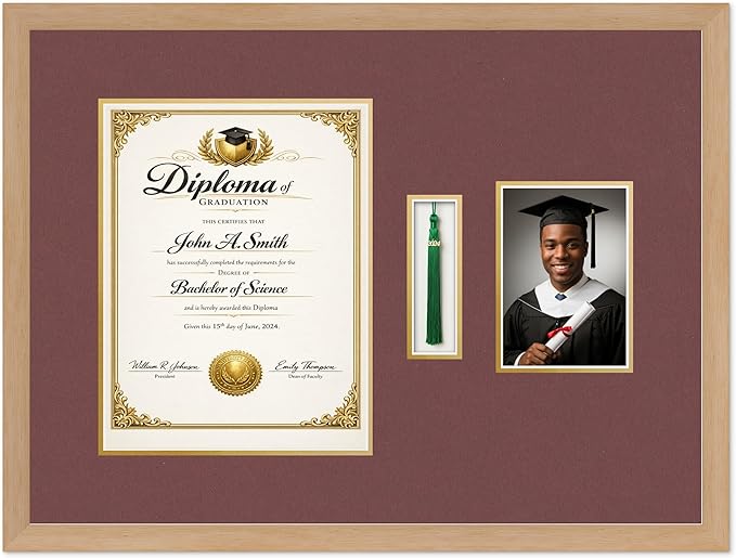 CountryArtHouse Diploma Tassel and Photo Shadowbox Fits 10 x 13 College Diploma (Portrait Traditional) Natural Wood Genuine Hardwood with Dark Red Over Metallic Gold Double mat