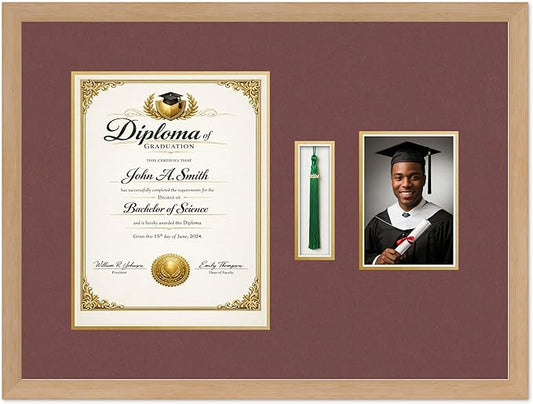 CountryArtHouse Diploma Tassel and Photo Shadowbox Fits 10 x 13 College Diploma (Portrait Traditional) Natural Wood Genuine Hardwood with Dark Red Over Metallic Gold Double mat