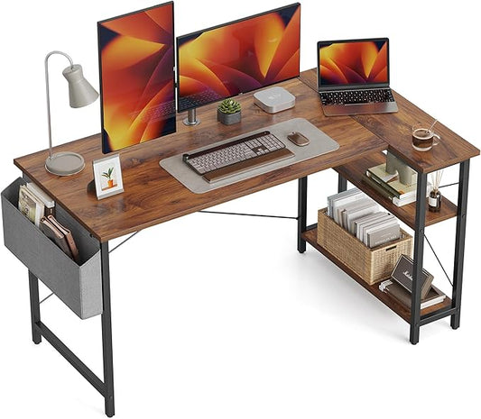 CubiCubi L Shaped Desk, 55 Inch Computer Desk with Reversible Storage Shelves Home Office Corner Desk Study Writing Table, Deep Brown