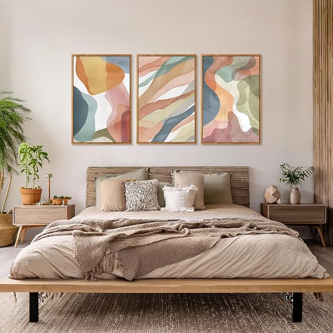 CHDITB Colorful Abstract Vibrant Pastel Framed Canvas Wall Art (24"x36"), 3 Panels Muticolor Modern Shape Block Groovy Artwork, Large Watercolor Minimalist Green Blue Yellow Aesthetic Art Decor Paintings for Bedroom Living Room Office